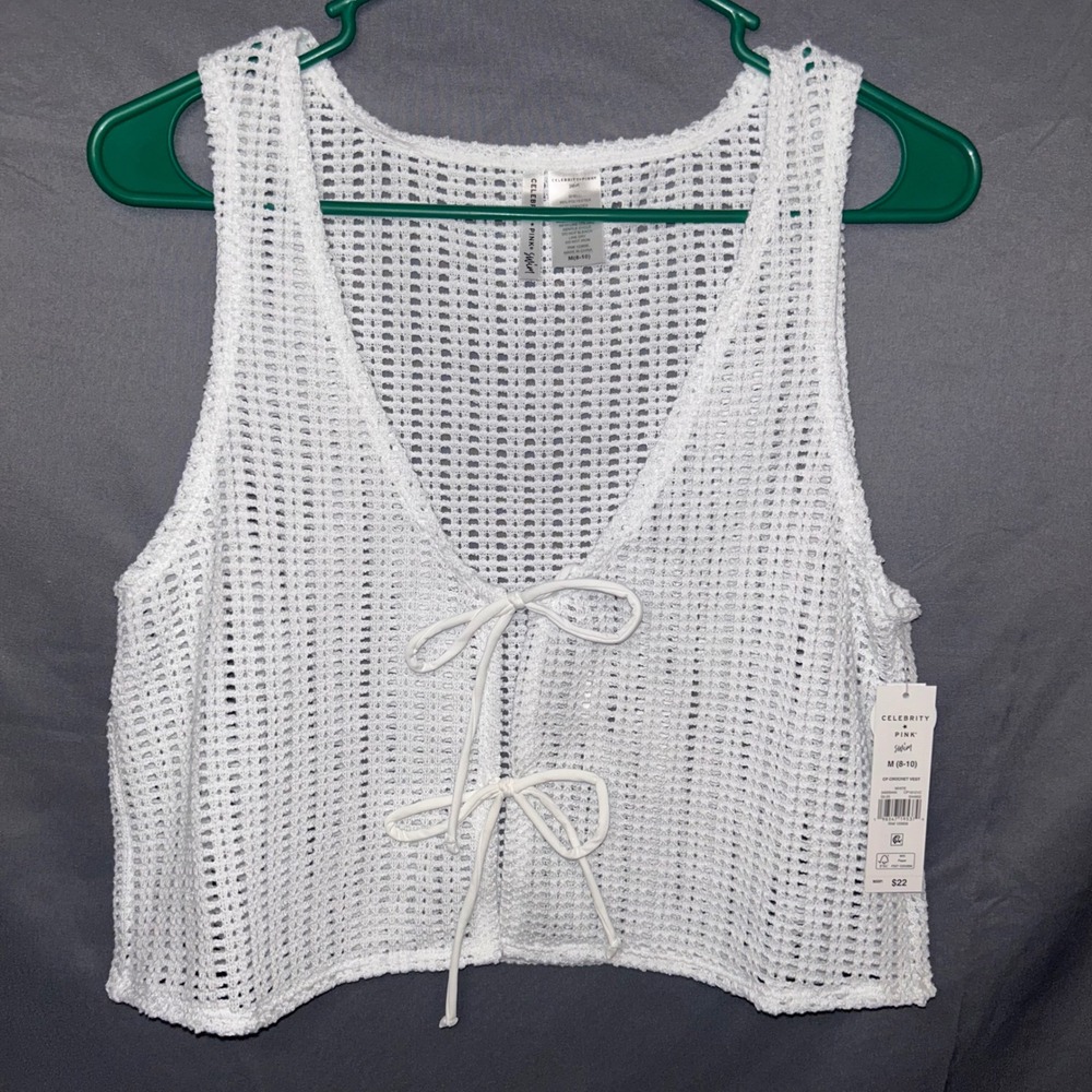 Celebrity Pink White Crochet Mesh Swim‎ Vest Front Tie Cover Up Size M